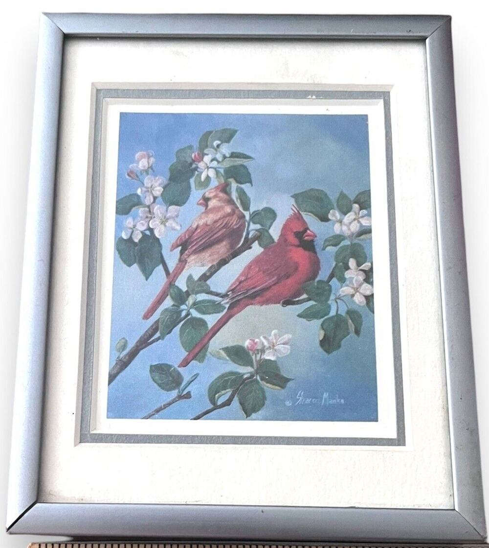 Sharon Manka Red Bird Scenery Signed Print Matted And Silver Frame 4x5
